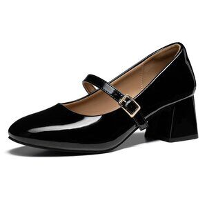 Trary Size 11 Womens Mary Jane Block Heels Black Faux Patent Adjustable Strap